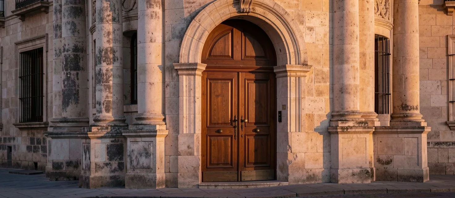 Detalle arquitectónico de fachada institucional al atardecer