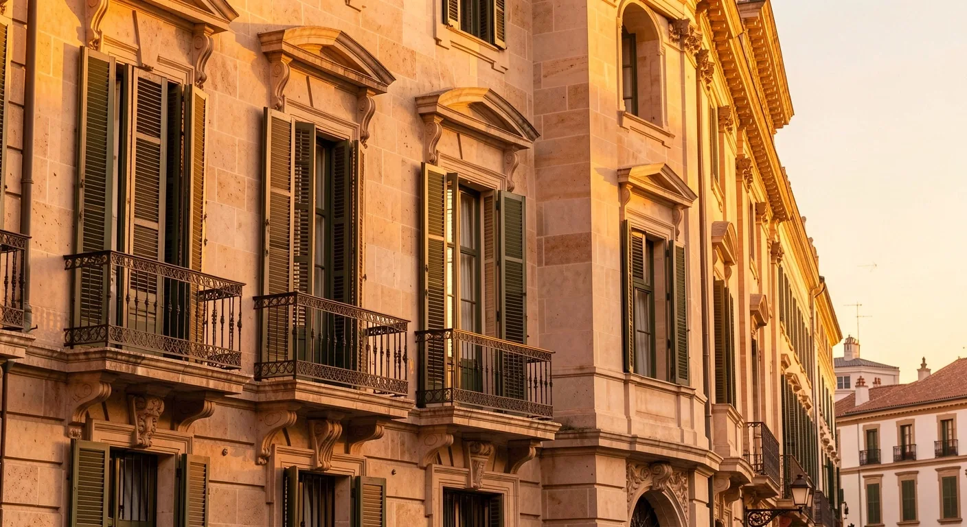 Detalle arquitectónico de un edificio institucional español a la luz de la tarde