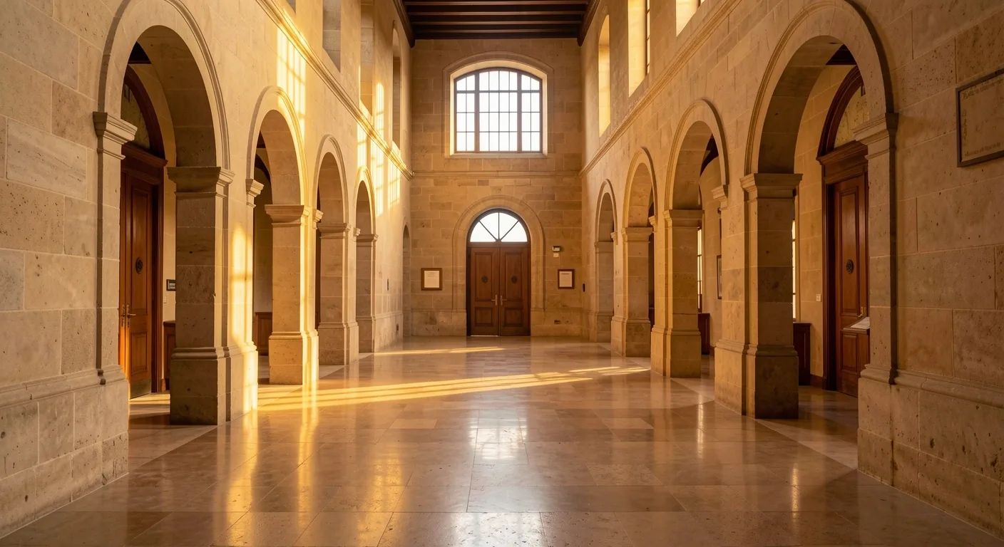 Pasillo de edificio público español con luz de tarde