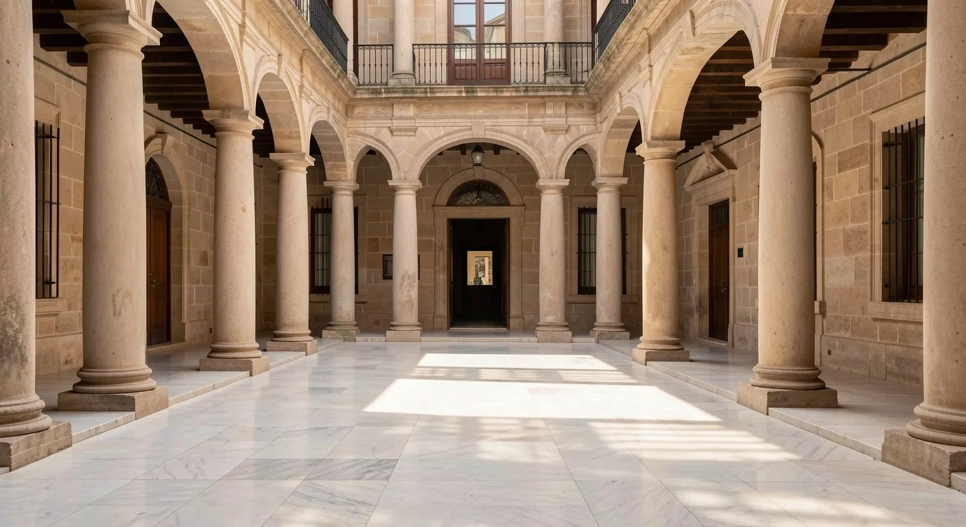 Plaza institucional española al atardecer
